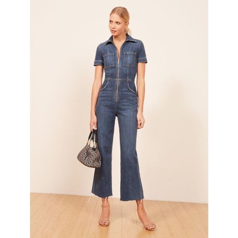 Reformation Dark Denim jumpsuit wide leg patch pockets short sleeve size 2